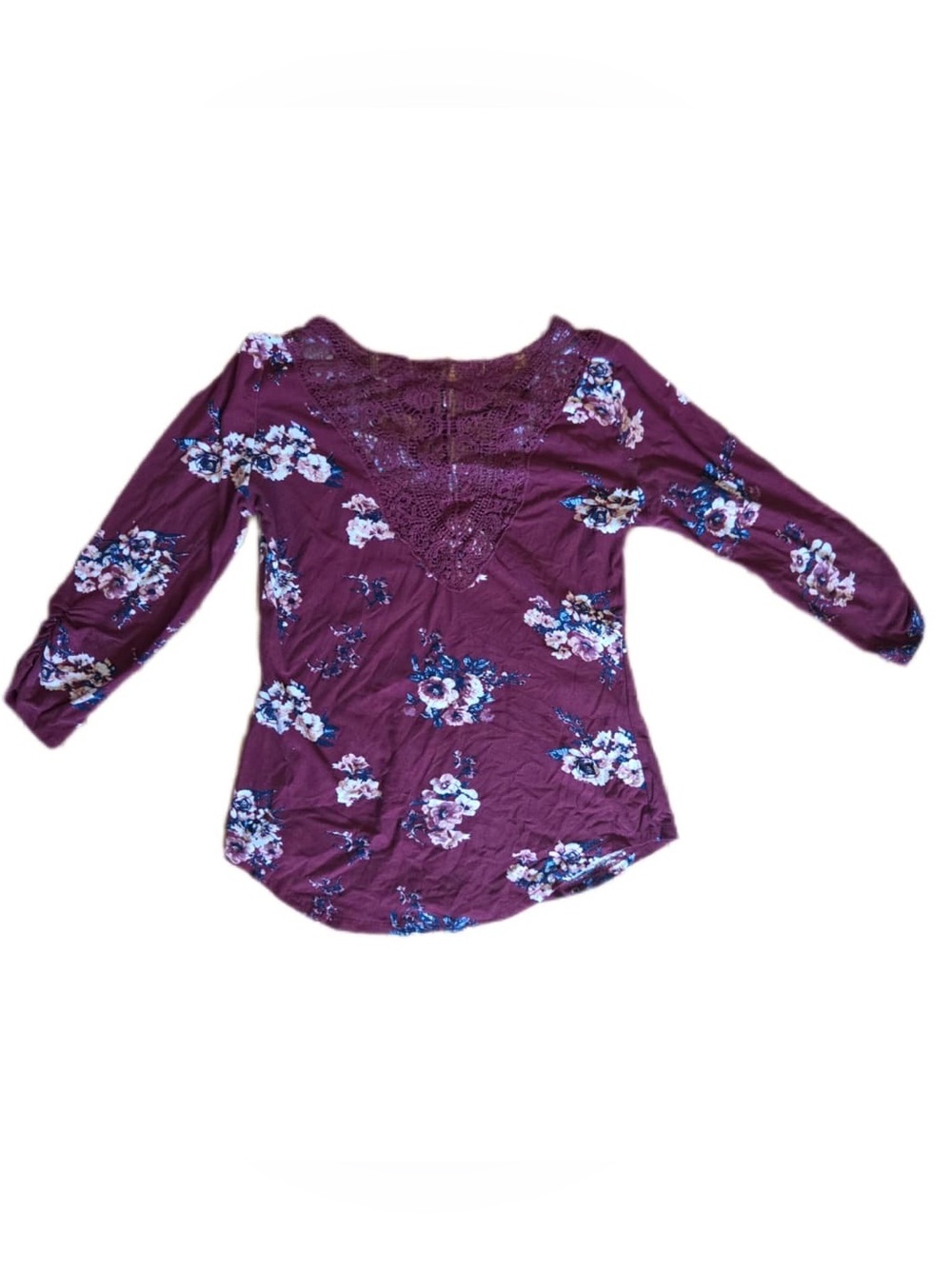 No Boundaries Plum Floral Lace Yoke Long Sleeve Top